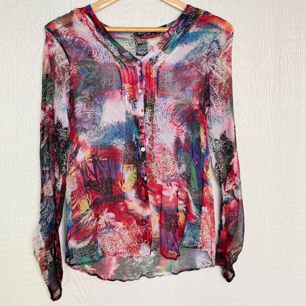 Casual Studio Women Hippie Boho Multi Color Abstract Print Sheer Blouse Medium